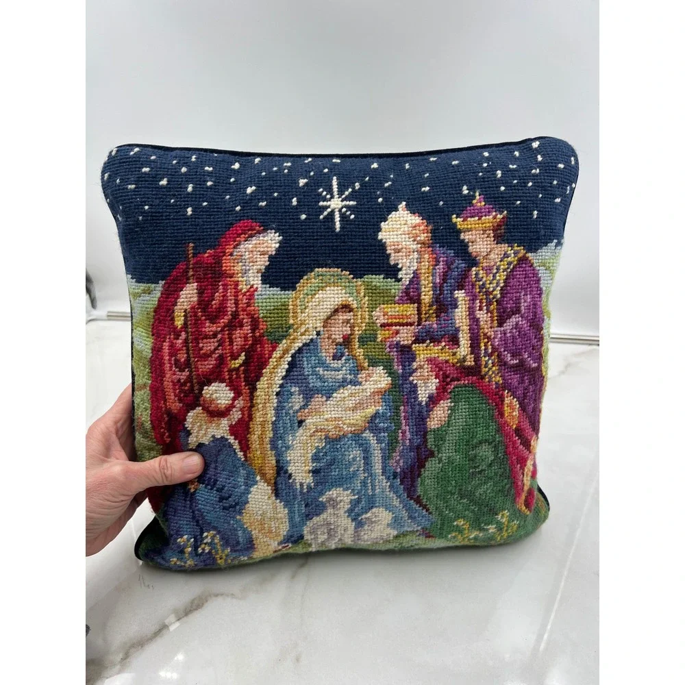 VTG Nativity Scene Needlepoint Pillow Christmas Decor Navy Velvet Back 13x13